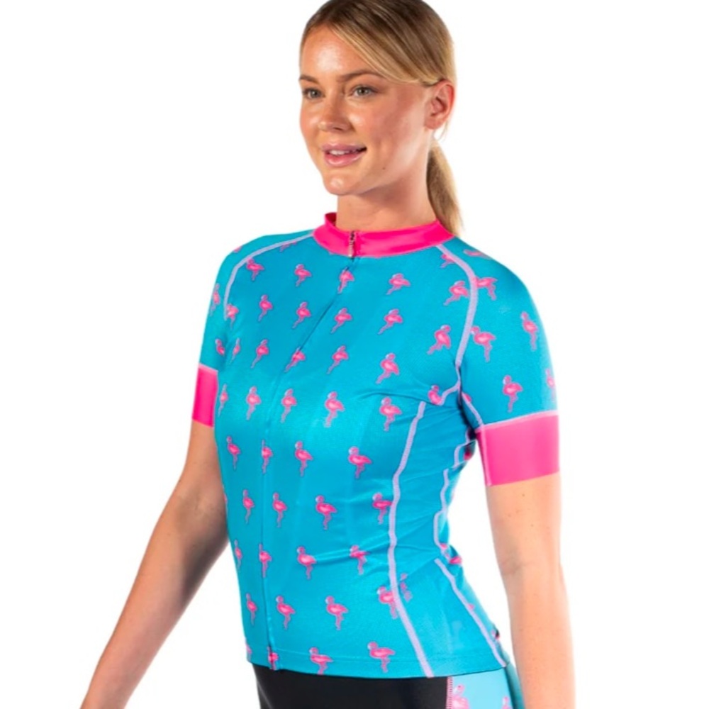 Blue and pink flamingo jersey
